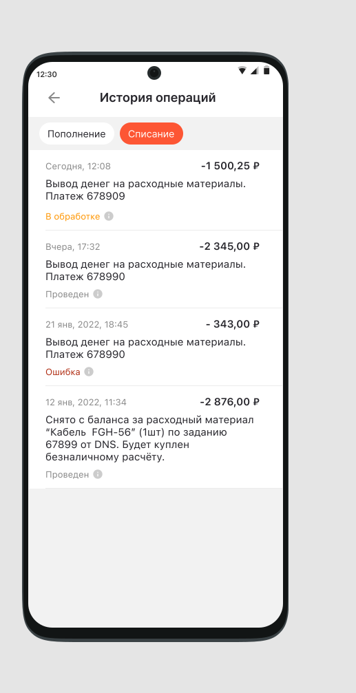 История операций: вкладка Списание со статусами